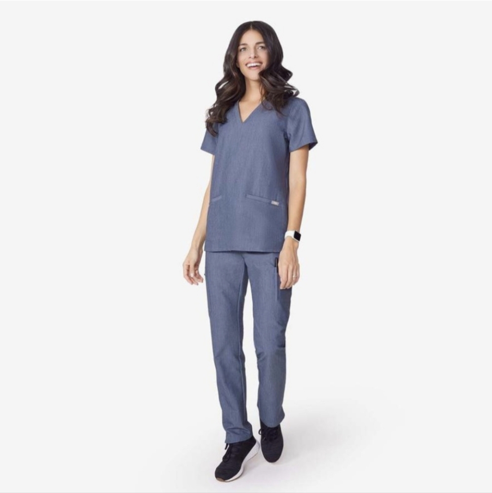 FIGS Scrub Set Heather Denim Catarina Top Yola Skinny Pants M Petite Stretch